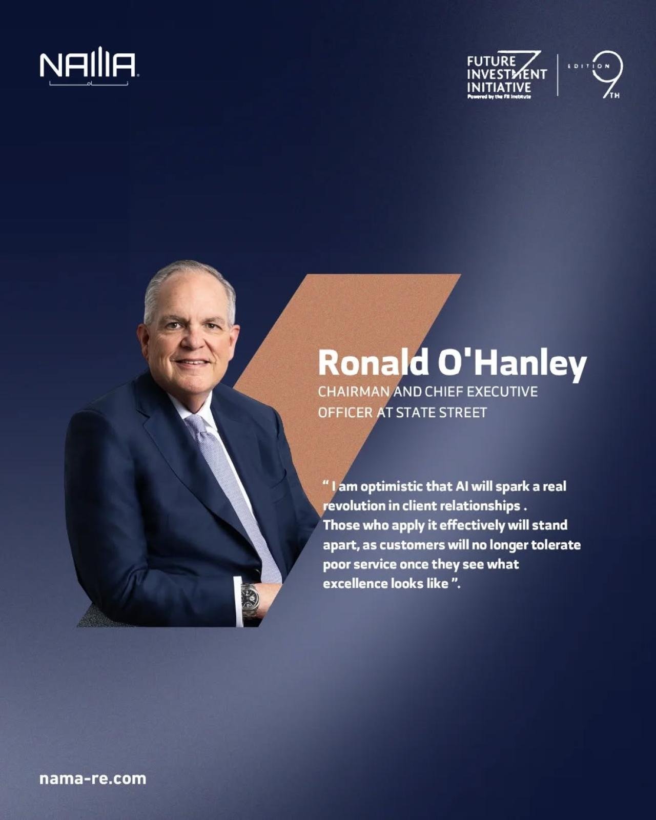 Image of Ronald O'Hanley, Chairman and CEO of State Street Corporation, at the Future Investment Initiative discussing the impact of AI on client relationships and service quality