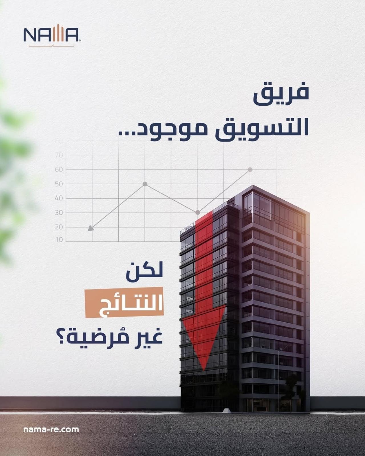 A commercial building with a declining chart indicating real estate marketing challenges, under the Nama Real Estate brand.
